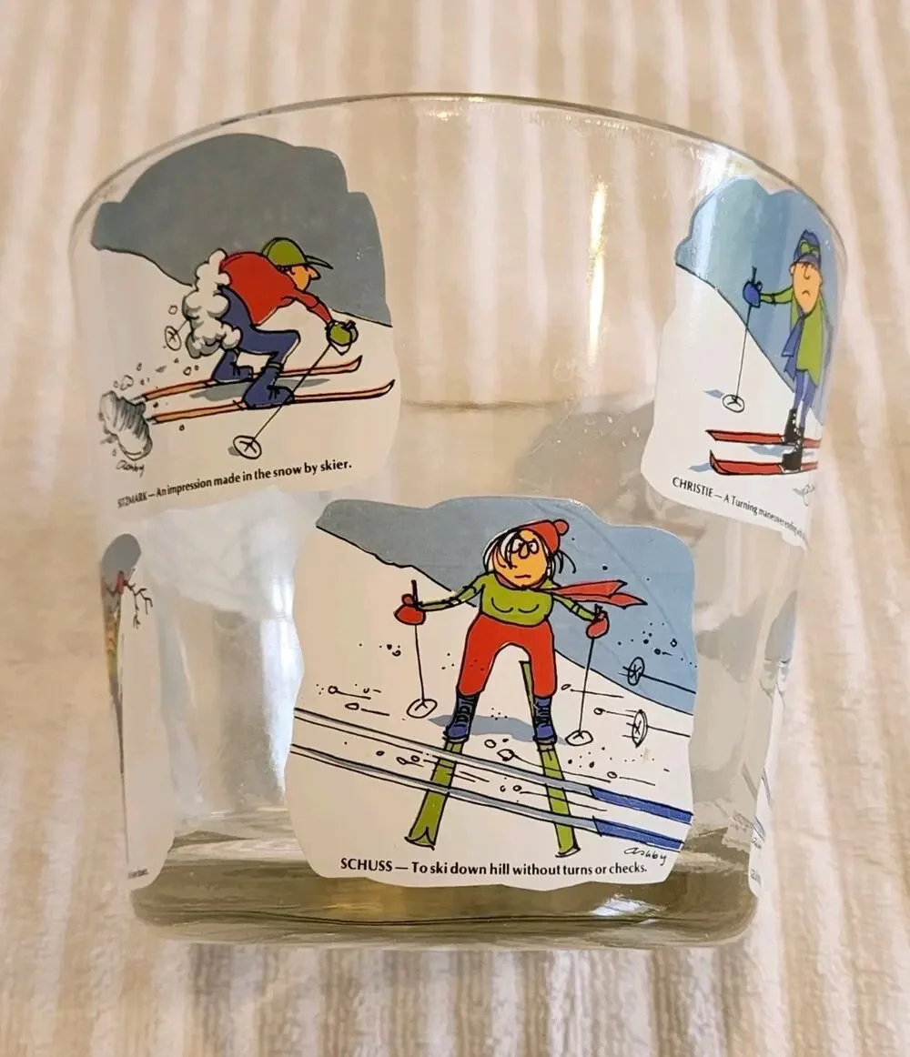 VTG West Virginia Glass Ice Bucket Bowl Cartoon ski illustrations Ashby Alpine